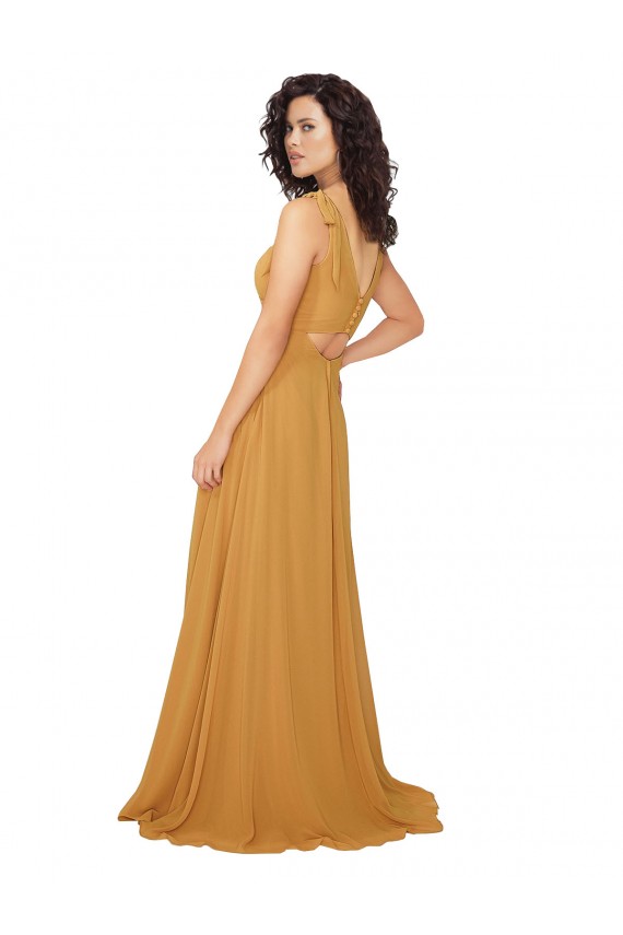 Online Safran A-Linien V-Ausschnitt Chiffon Lange Brautjungfernkleider