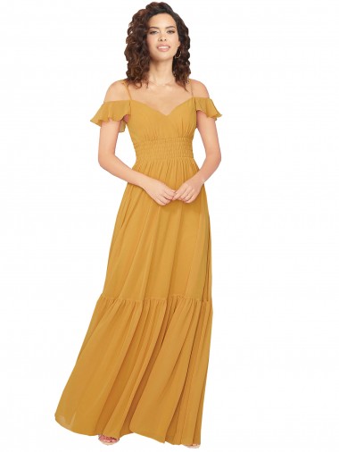 Online Safran A-Linien V-Ausschnitt Chiffon Lange Brautjungfernkleider