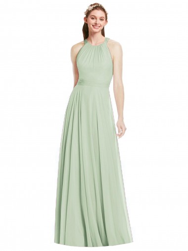 Online Salbeigrün A-Linien Neckholder Chiffon Lange Brautjungfernkleider