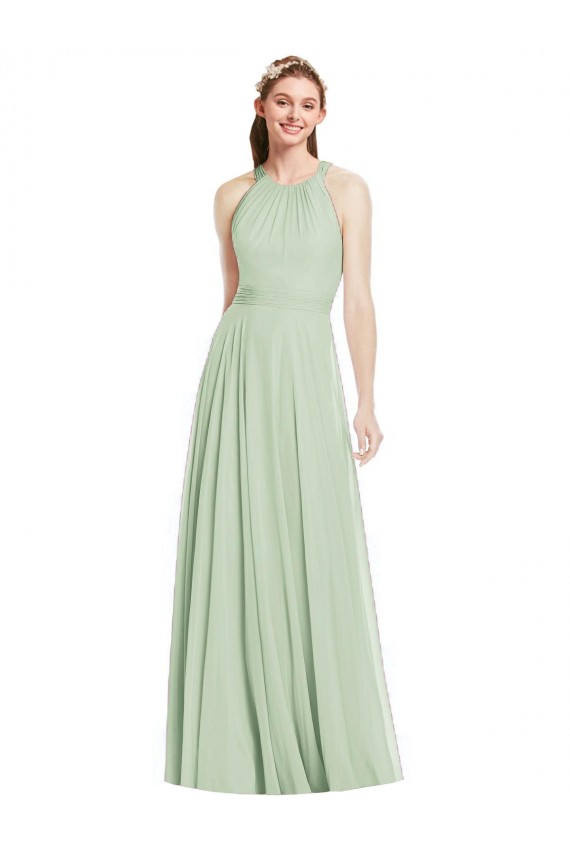 Online Salbeigrün A-Linien Neckholder Chiffon Lange Brautjungfernkleider