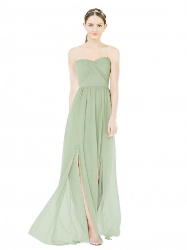 Online Salbeigrün A-Linien Trägerlos Chiffon Lange Brautjungfernkleider