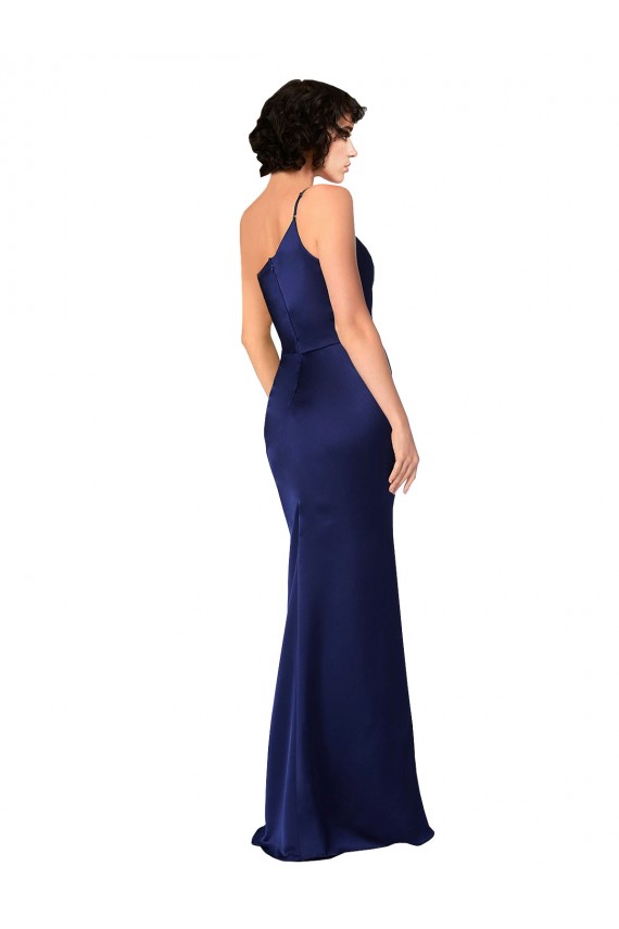 Online Saphir A-Linien Eine-Schulter Seidiger Satin Lange Formale Brautjungfernkleider / Abendkleider / Abiballkleider