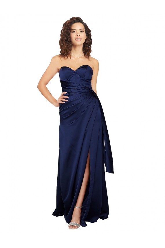 Online Saphir A-Linien Trägerlos Seidiger Satin Lange Formale Brautjungfernkleider / Abendkleider / Abiballkleider