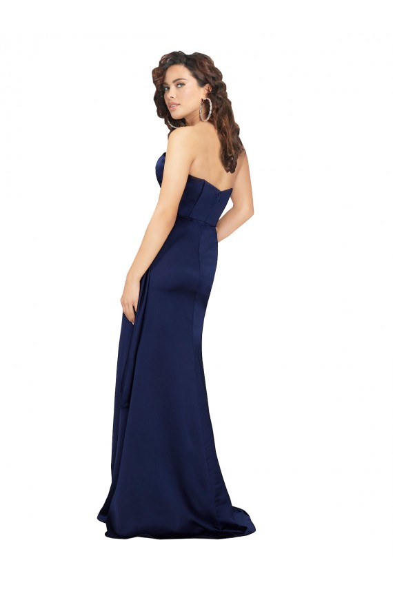 Online Saphir A-Linien Trägerlos Seidiger Satin Lange Formale Brautjungfernkleider / Abendkleider / Abiballkleider