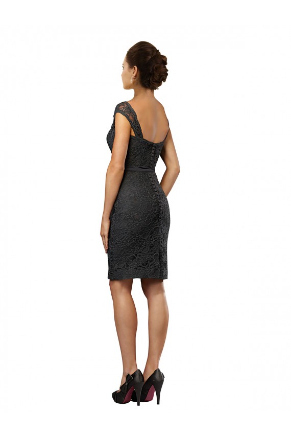 Online Schiefergrau A-Linien Off-Schulter Knielang Chiffon Spitze Kurze Brautjungfernkleider / Cocktailkleider