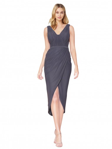 Online Schiefergrau Meerjungfrau V-Ausschnitt Cocktail Chiffon Kurze Formale Brautjungfernkleider / Abendkleider / Abiballkleider