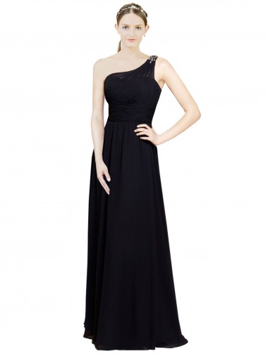 Online Schwarz A-Linien Eine-Schulter Chiffon Lange Brautjungfernkleider