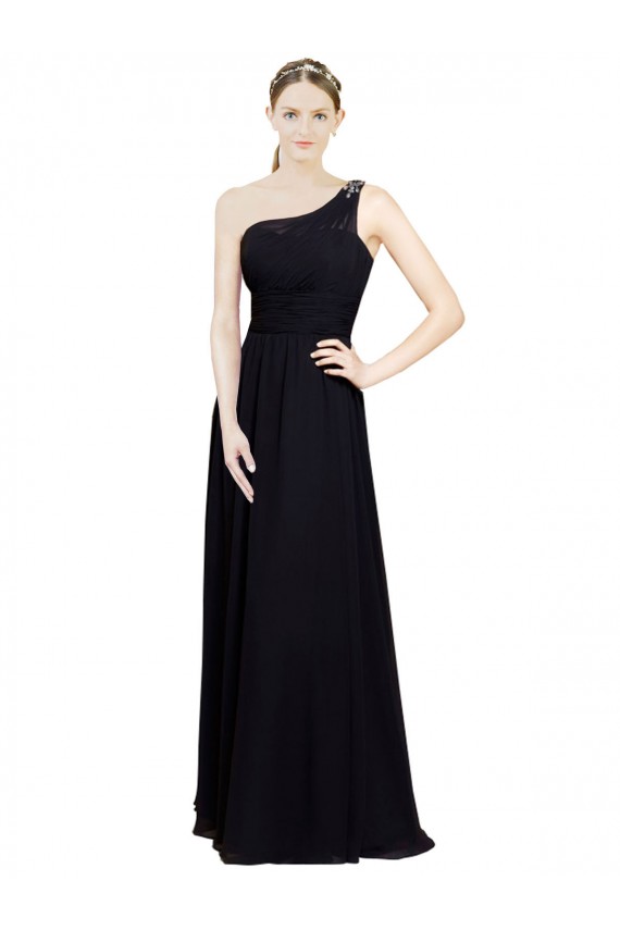 Online Schwarz A-Linien Eine-Schulter Chiffon Lange Brautjungfernkleider