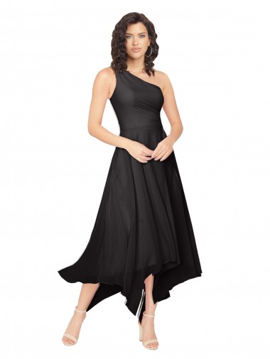 Online Schwarz A-Linien Eine-Schulter Trägerlos Midi Chiffon Kurze Brautjungfernkleider / Cocktailkleider / Heimkehr Kleider