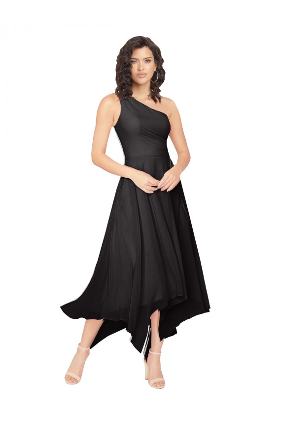 Online Schwarz A-Linien Eine-Schulter Trägerlos Midi Chiffon Kurze Brautjungfernkleider / Cocktailkleider / Heimkehr Kleider