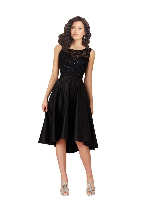 Online Schwarz A-Linien Illusion Ausschnitt Midi Satin Spitze Kurze Brautjungfernkleider / Cocktailkleider / Heimkehr Kleider