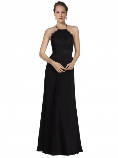 Online Schwarz A-Linien Neckholder Chiffon Spitze Lange Brautjungfernkleider