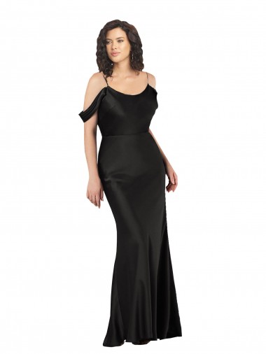 Online Schwarz A-Linien Off-Schulter Seidiger Satin Lange Formale Brautjungfernkleider / Abendkleider / Abiballkleider