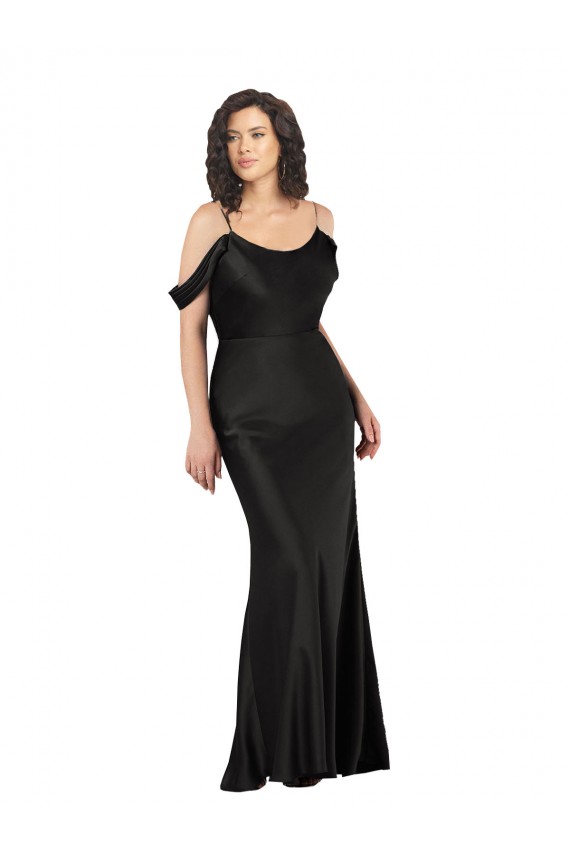 Online Schwarz A-Linien Off-Schulter Seidiger Satin Lange Formale Brautjungfernkleider / Abendkleider / Abiballkleider