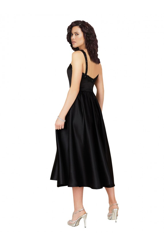 Online Schwarz A-Linien Quadrat Ausschnitt Knielang Satin Kurze Brautjungfernkleider / Abiballkleider / Cocktailkleider / Heimkehr Kleider