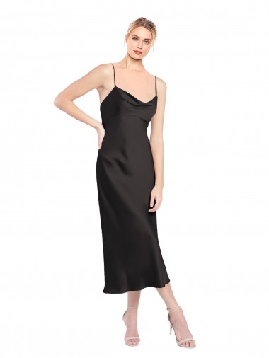 Online Schwarz A-Linien Spaghetti-Träger Haube Ausschnitt Midi Stretch-Satin Kurze Formale Brautjungfernkleider / Abendkleider / Abiballkleider / Cocktailkleider / Heimkehr Kleider