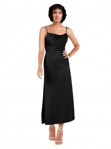 Online Schwarz A-Linien Spaghetti-Träger Haube Ausschnitt Wadenlang Seidiger Satin Kurze Formale Brautjungfernkleider / Abendkleider / Abiballkleider / Cocktailkleider / Heimkehr Kleider
