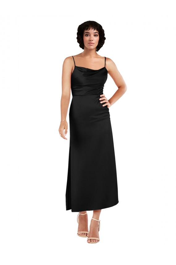 Online Schwarz A-Linien Spaghetti-Träger Haube Ausschnitt Wadenlang Seidiger Satin Kurze Formale Brautjungfernkleider / Abendkleider / Abiballkleider / Cocktailkleider / Heimkehr Kleider