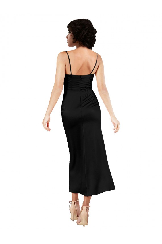 Online Schwarz A-Linien Spaghetti-Träger Haube Ausschnitt Wadenlang Seidiger Satin Kurze Formale Brautjungfernkleider / Abendkleider / Abiballkleider / Cocktailkleider / Heimkehr Kleider