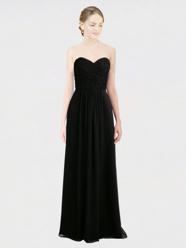 Online Schwarz A-Linien Trägerlos Chiffon Spitze Lange Brautjungfernkleider