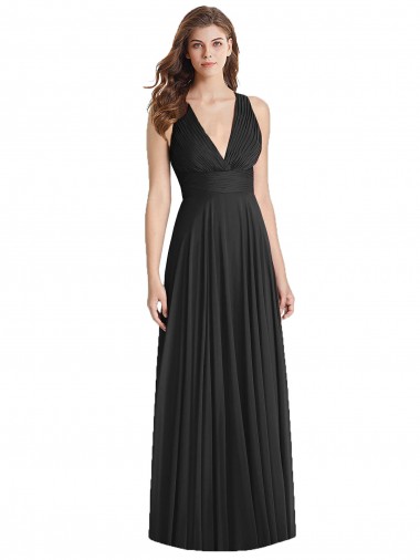 Online Schwarz A-Linien V-Ausschnitt Chiffon Lange Brautjungfernkleider
