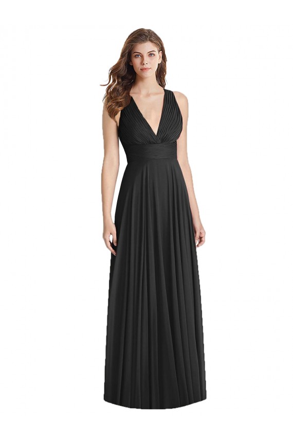 Online Schwarz A-Linien V-Ausschnitt Chiffon Lange Brautjungfernkleider