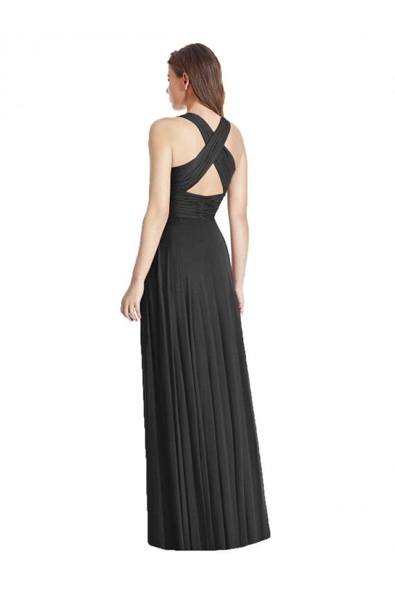 Online Schwarz A-Linien V-Ausschnitt Chiffon Lange Brautjungfernkleider