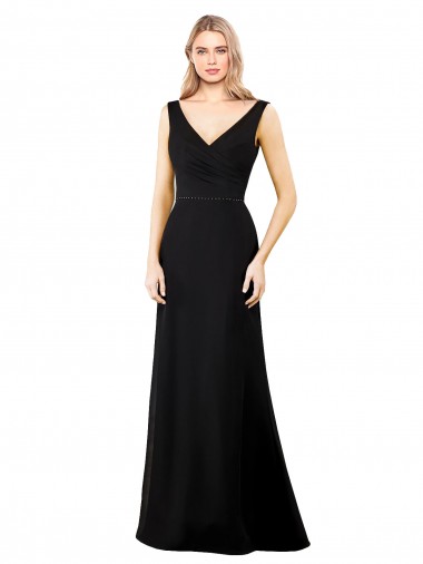 Online Schwarz A-Linien V-Ausschnitt Chiffon Lange Brautjungfernkleider / Abiballkleider