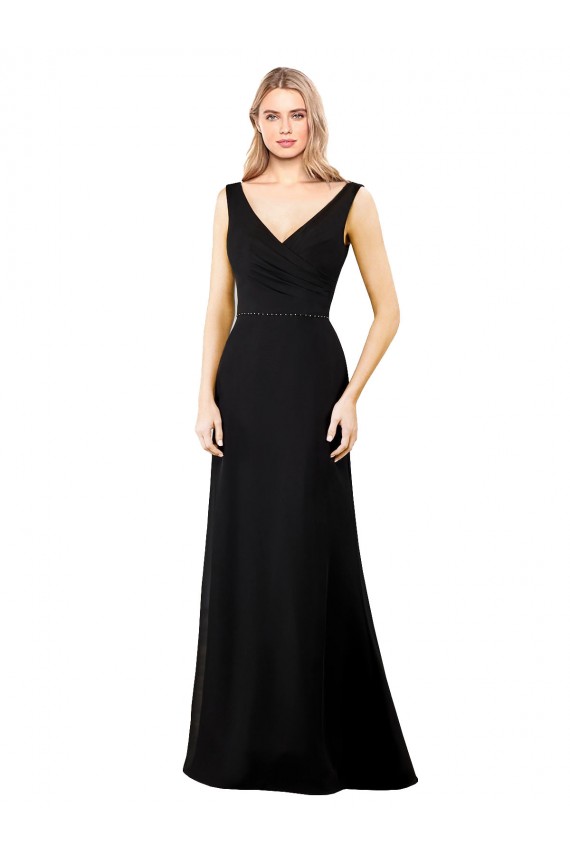Online Schwarz A-Linien V-Ausschnitt Chiffon Lange Brautjungfernkleider / Abiballkleider