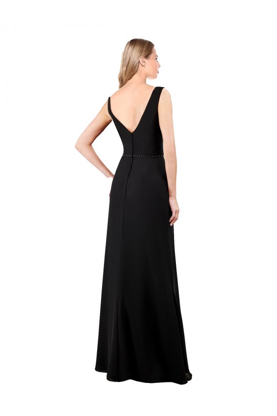 Online Schwarz A-Linien V-Ausschnitt Chiffon Lange Brautjungfernkleider / Abiballkleider
