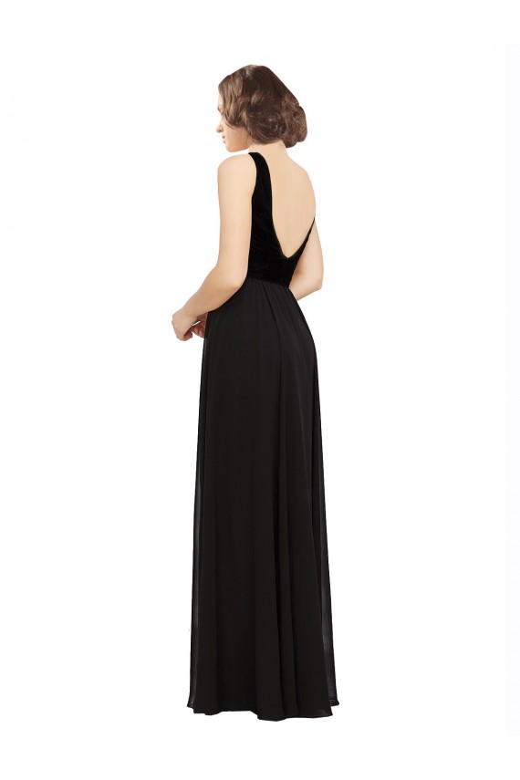 Online Schwarz A-Linien V-Ausschnitt Chiffon Samt Lange Brautjungfernkleider / Abiballkleider