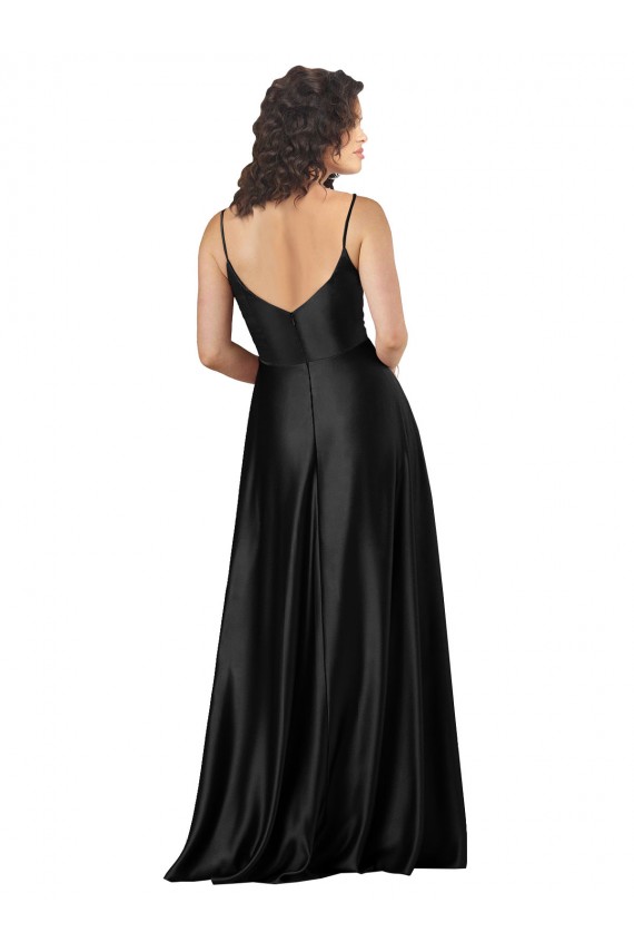 Online Schwarz A-Linien V-Ausschnitt Seidiger Satin Lange Formale Brautjungfernkleider / Abendkleider / Abiballkleider
