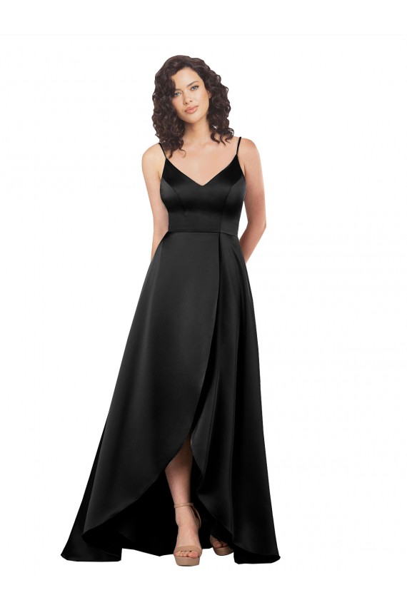 Online Schwarz A-Linien V-Ausschnitt Seidiger Satin Lange Formale Brautjungfernkleider / Abendkleider / Abiballkleider