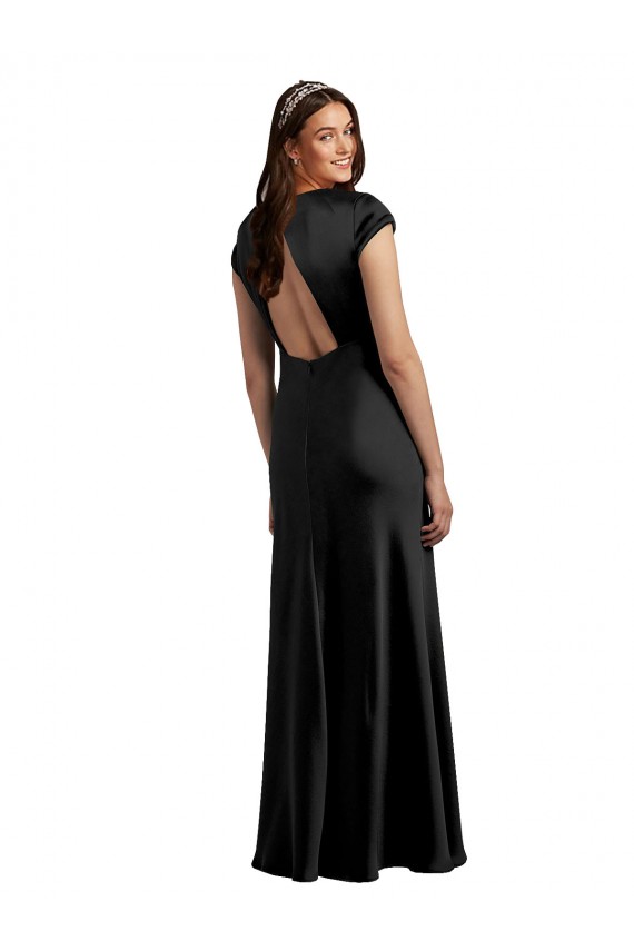 Online Schwarz A-Linien V-Ausschnitt Stretch-Satin Lange Formale Brautjungfernkleider / Abendkleider / Abiballkleider