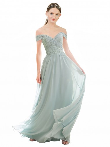 Online Seeglas A-Linien Off-Schulter Chiffon Spitze Lange Brautjungfernkleider