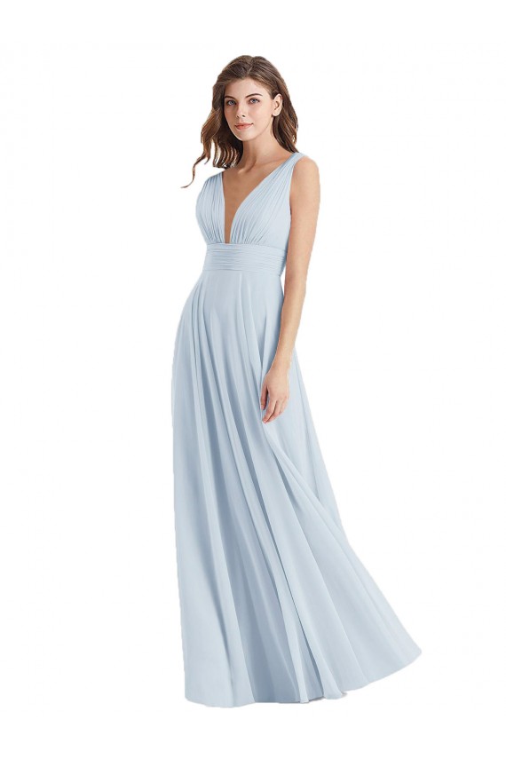 Online Seeglas A-Linien V-Ausschnitt Chiffon Lange Brautjungfernkleider