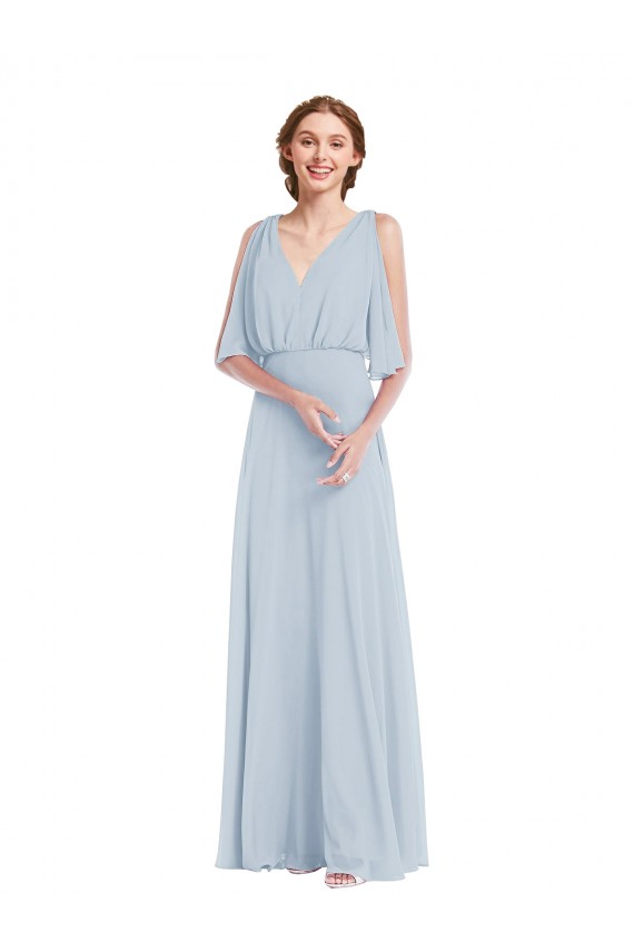 Online Seeglas A-Linien V-Ausschnitt Chiffon Lange Brautjungfernkleider
