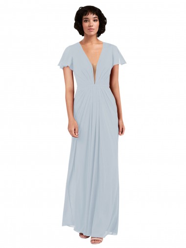 Online Seeglas A-Linien V-Ausschnitt Chiffon Lange Brautjungfernkleider