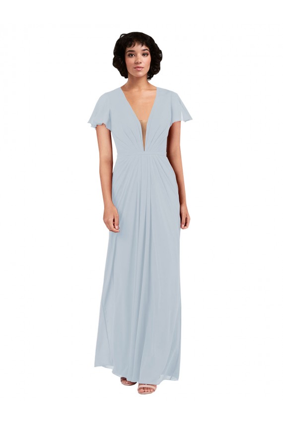 Online Seeglas A-Linien V-Ausschnitt Chiffon Lange Brautjungfernkleider