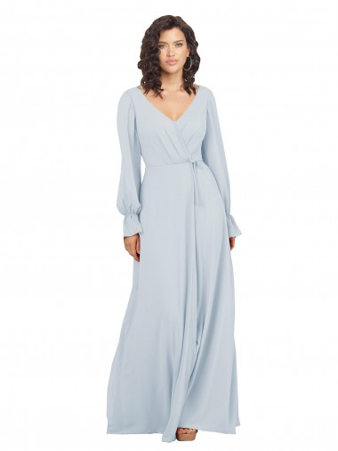 Online Seeglas A-Linien V-Ausschnitt Chiffon Lange Brautjungfernkleider