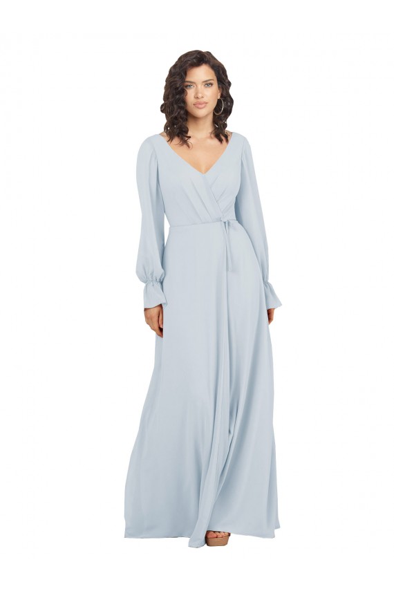 Online Seeglas A-Linien V-Ausschnitt Chiffon Lange Brautjungfernkleider