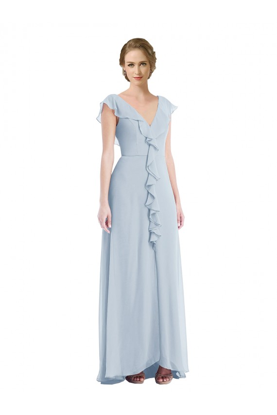 Online Seeglas A-Linien V-Ausschnitt Chiffon Lange Brautjungfernkleider