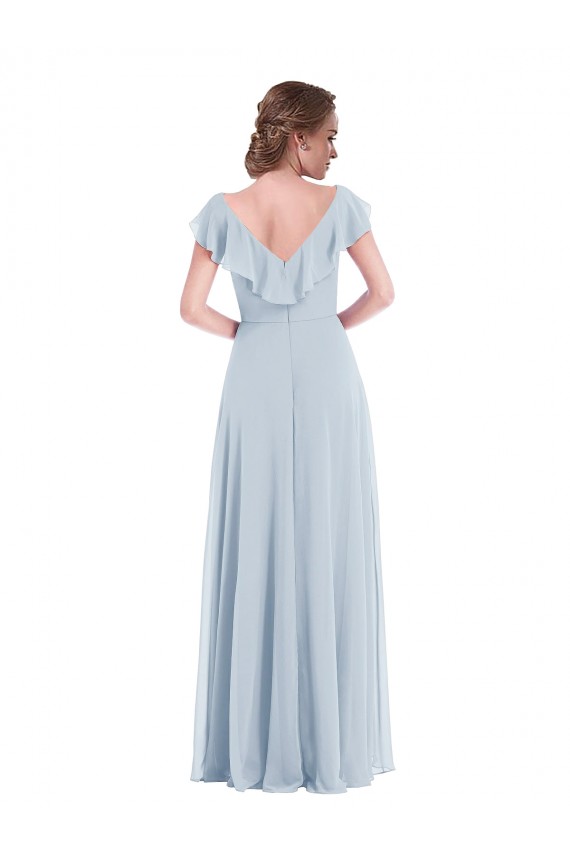 Online Seeglas A-Linien V-Ausschnitt Chiffon Lange Brautjungfernkleider