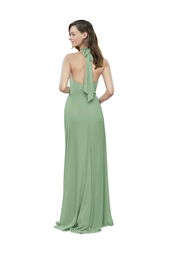 Online Seegras A-Linien Neckholder Stehkragen Ausschnitt Chiffon Lange Brautjungfernkleider