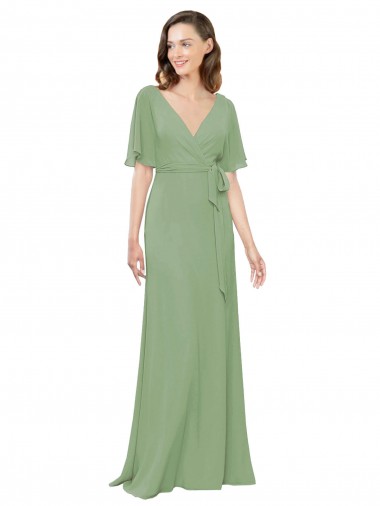 Online Seegras A-Linien V-Ausschnitt Chiffon Lange Brautjungfernkleider