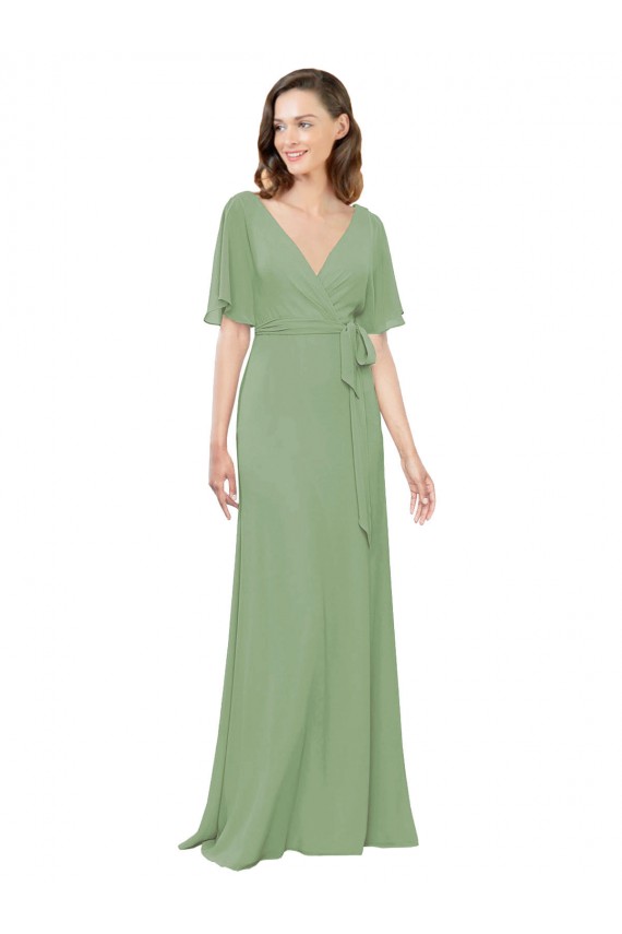 Online Seegras A-Linien V-Ausschnitt Chiffon Lange Brautjungfernkleider