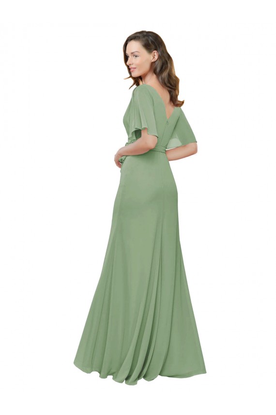 Online Seegras A-Linien V-Ausschnitt Chiffon Lange Brautjungfernkleider