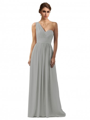 Online Silber A-Linien Eine-Schulter Chiffon Lange Brautjungfernkleider
