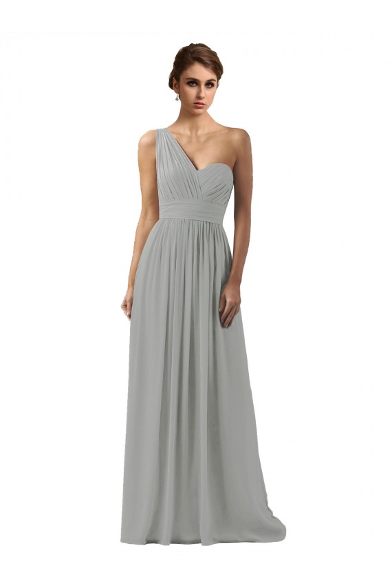 Online Silber A-Linien Eine-Schulter Chiffon Lange Brautjungfernkleider