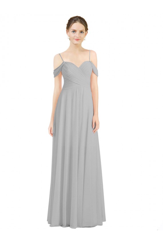 Online Silber A-Linien Off-Schulter Spaghetti-Träger Chiffon Lange Brautjungfernkleider